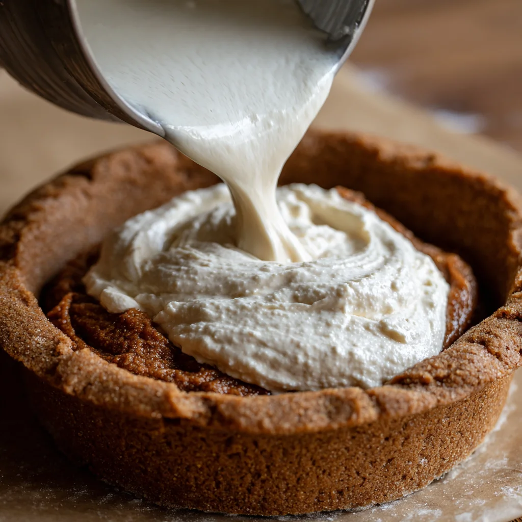 Gingerbread dough being filled with cheesecake mixture.