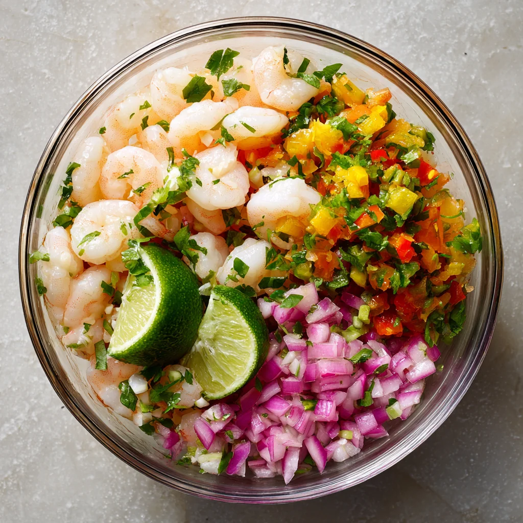 Mixing shrimp ceviche ingredients with lime juice.