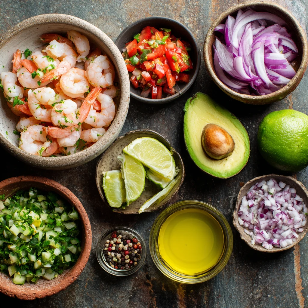 Flat lay of fresh ingredients for Mexican shrimp ceviche.