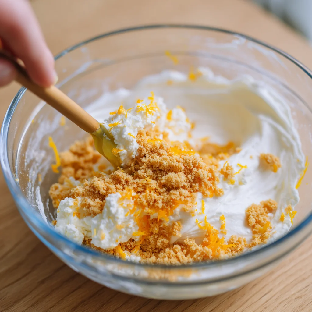 Mixing cookie crumbs, cream cheese, and orange zest for creamsicle truffles.