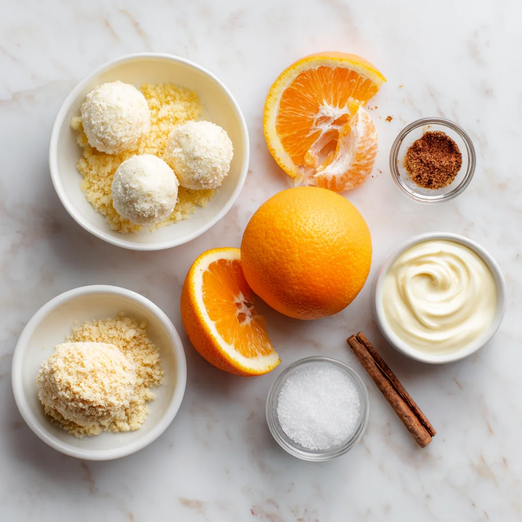 Flat lay of ingredients for Orange Creamsicle Truffles on marble.