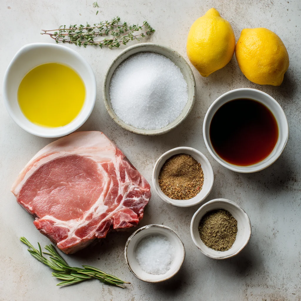 Ingredients for pork chop brine arranged on a surface.
