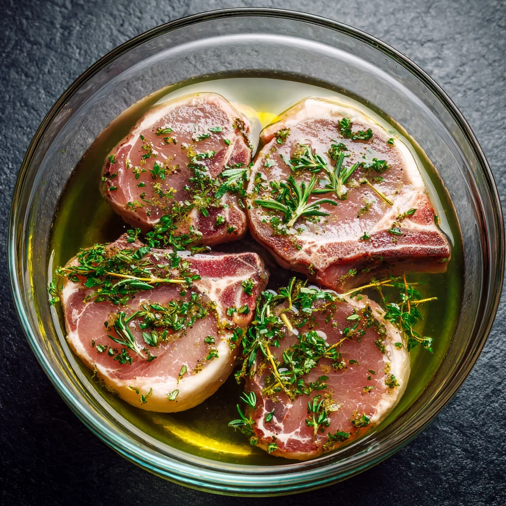 Pork chops soaking in brine in a glass bowl.