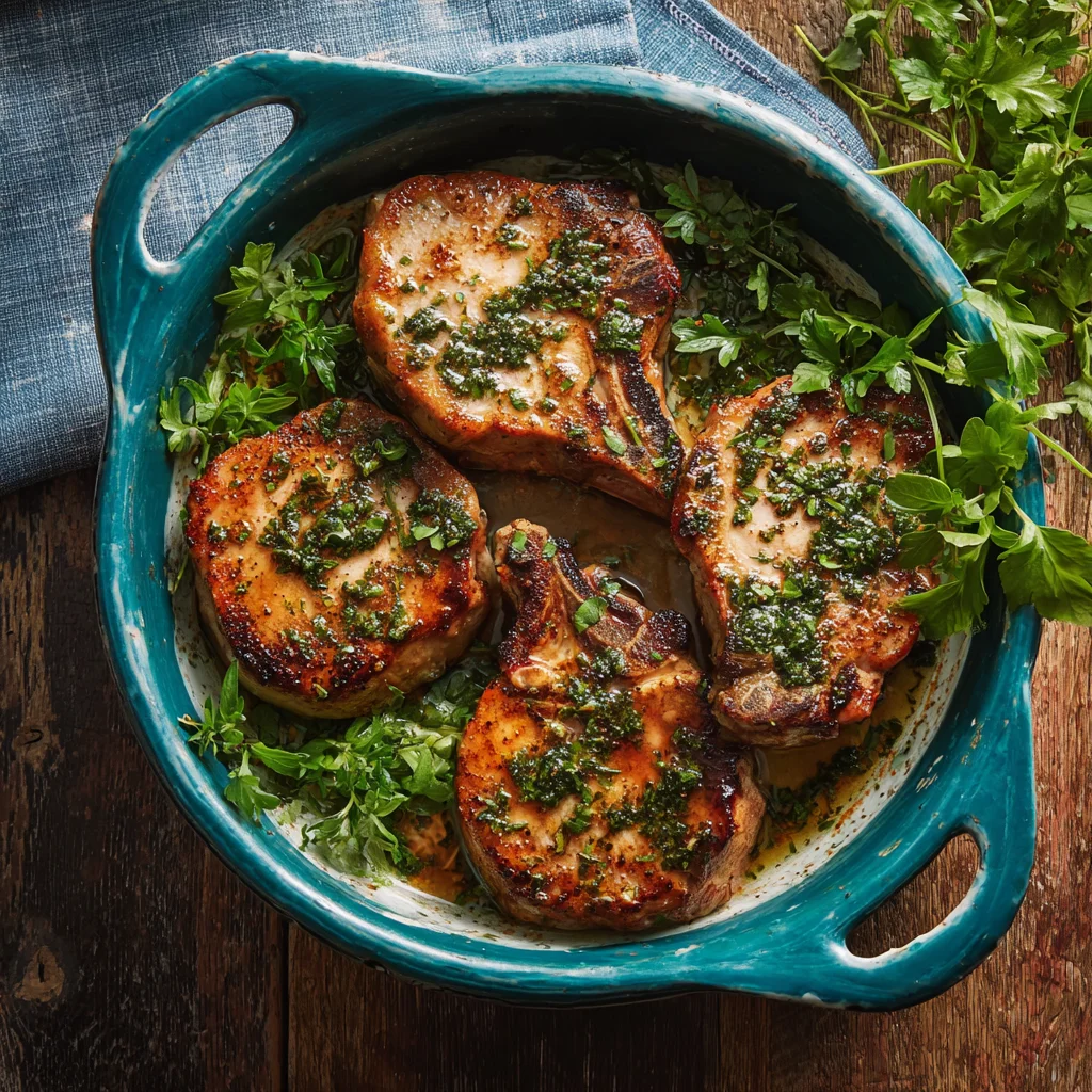 Oven-baked pork chops served with fresh herbs.