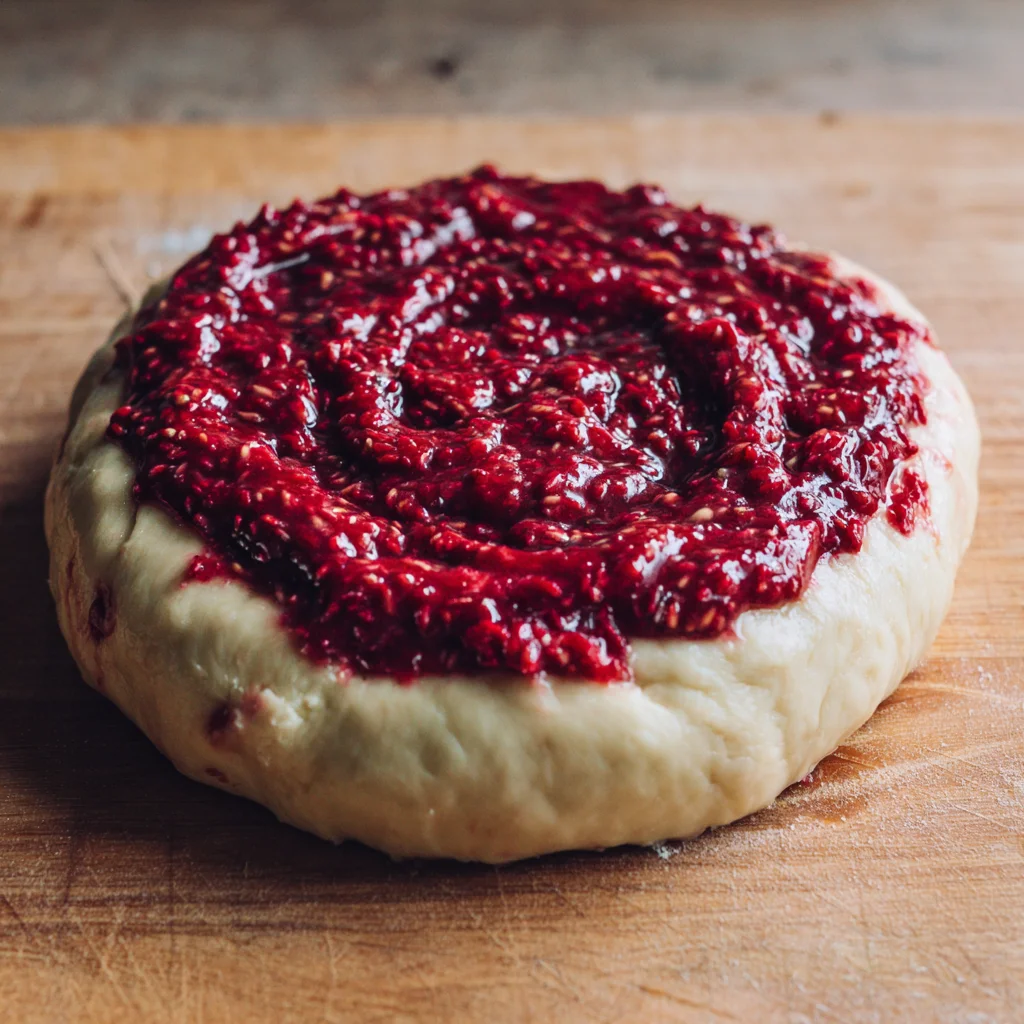 Raspberry filling spread on brioche dough before rolling.