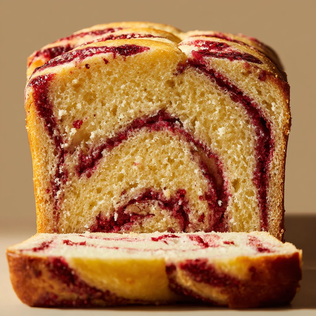 Sliced raspberry swirl brioche loaf showing red swirls.
