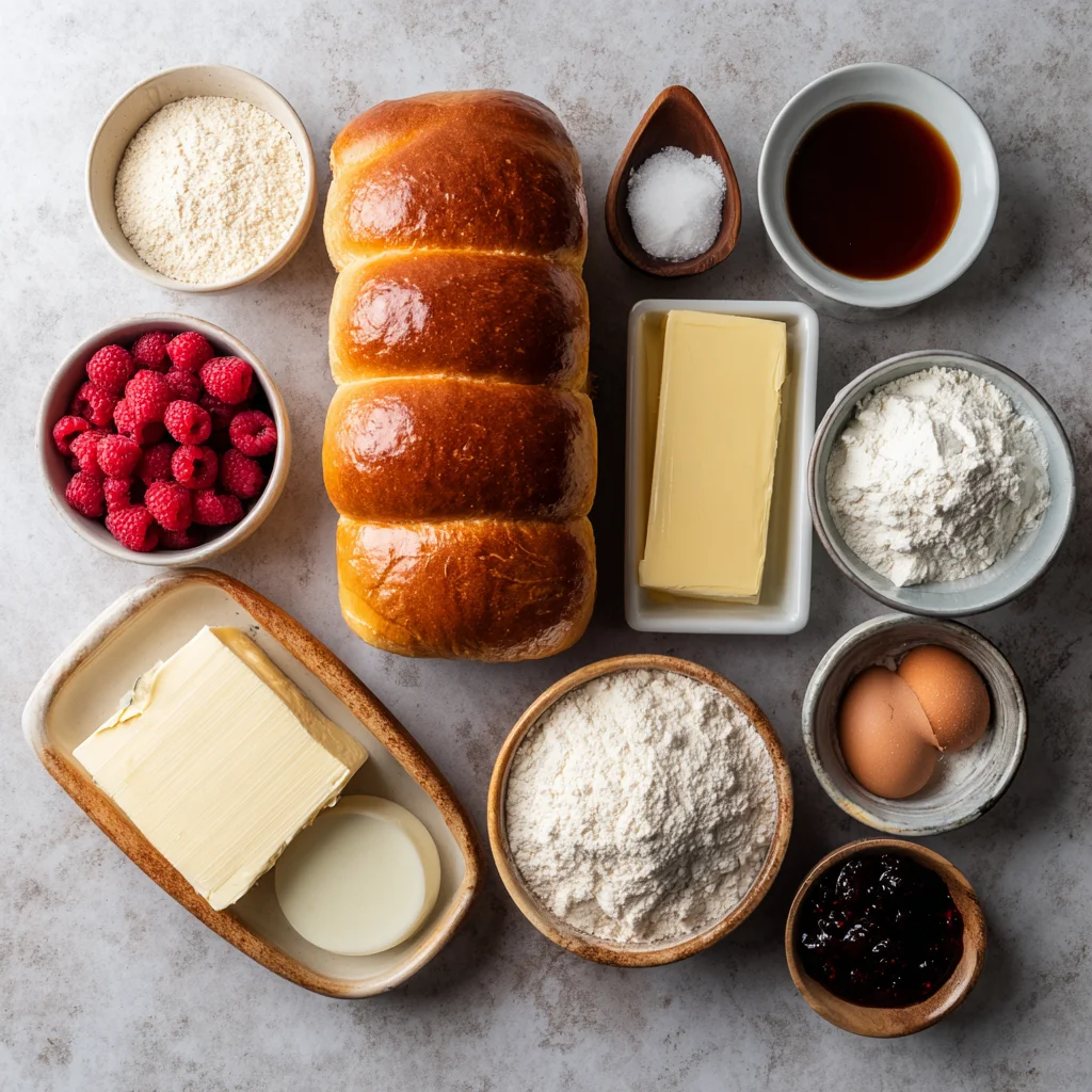 Ingredients for raspberry swirl brioche loaf arranged on a table.