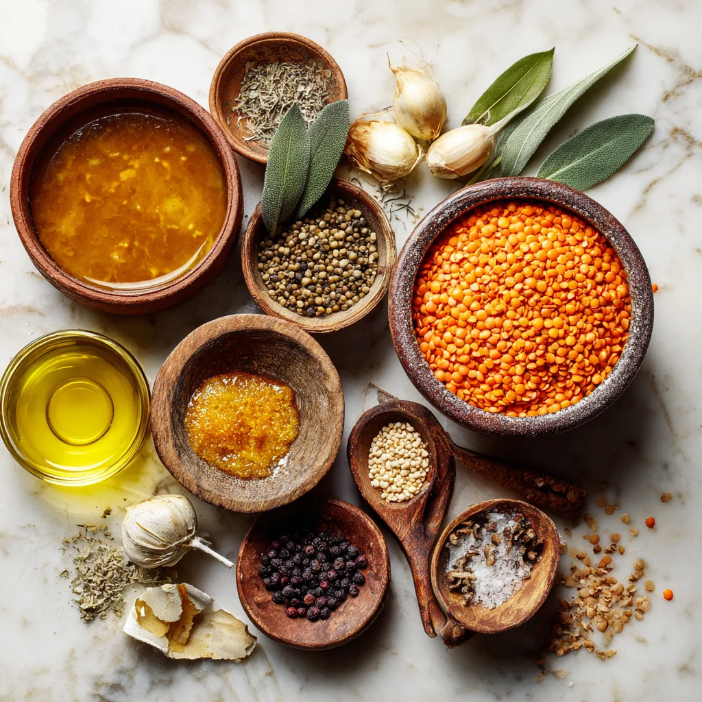 Ingredients for red lentil soup arranged in a flat lay.
