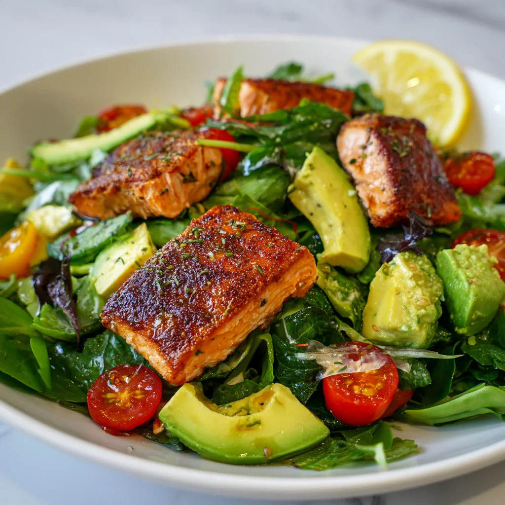 Finished salmon avocado salad.