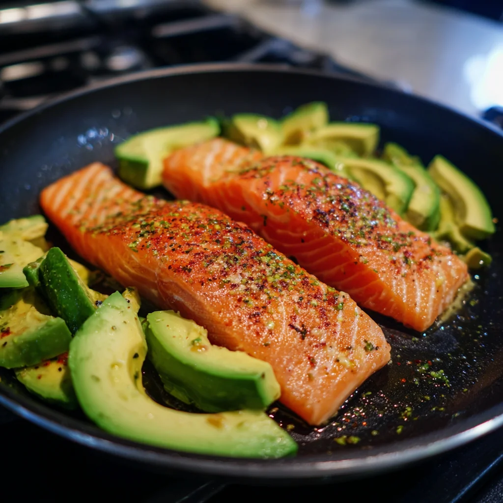 Cooking salmon for salmon avocado salad.