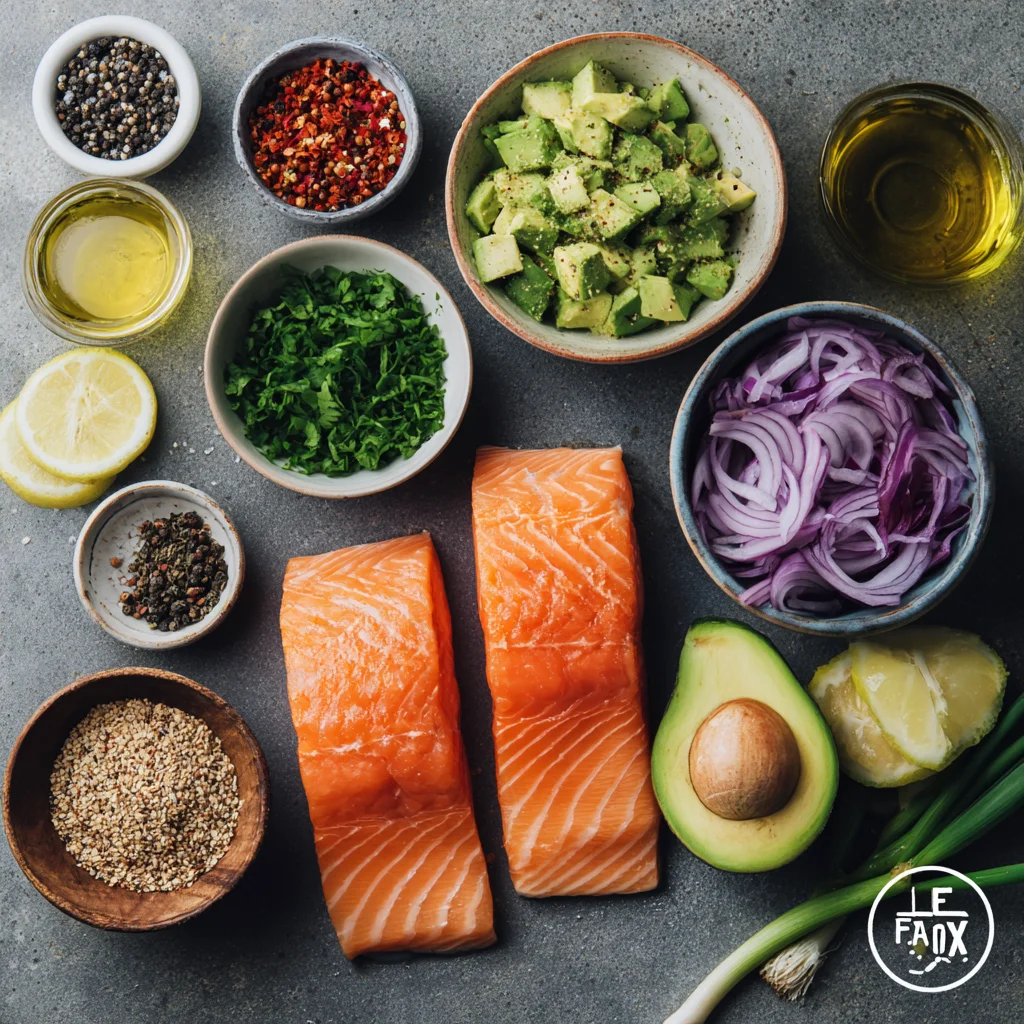 Ingredients for salmon avocado salad.