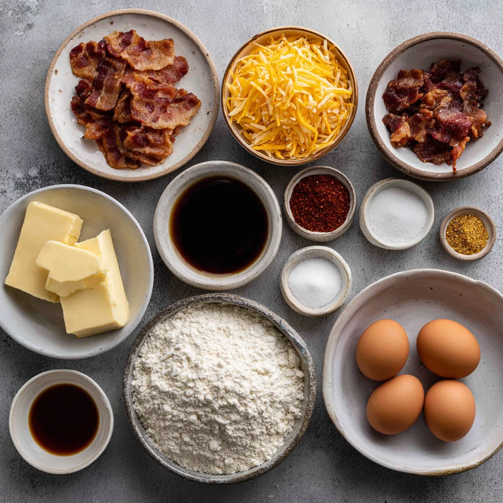 Ingredients for maple bacon cheddar biscuits arranged neatly on a rustic wooden background.