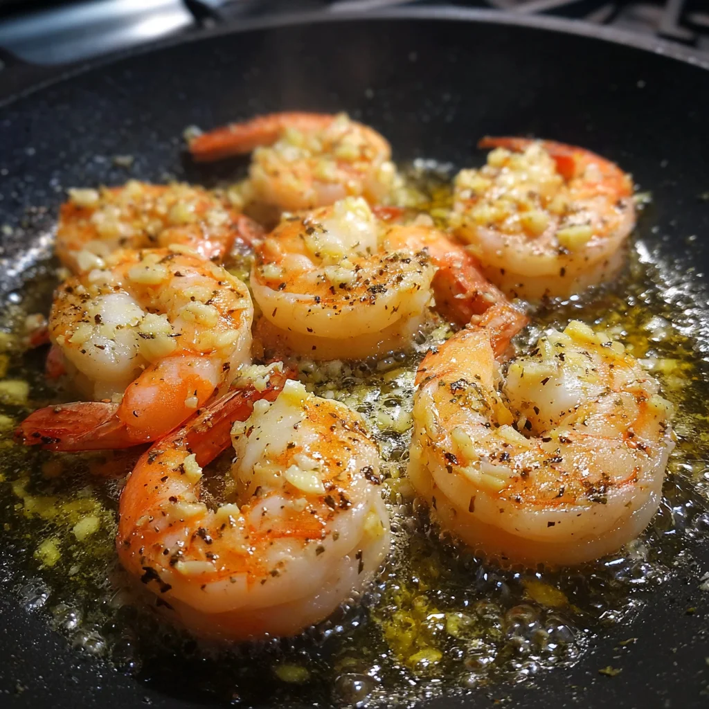 Shrimp cooking in butter and garlic for homemade scampi.
