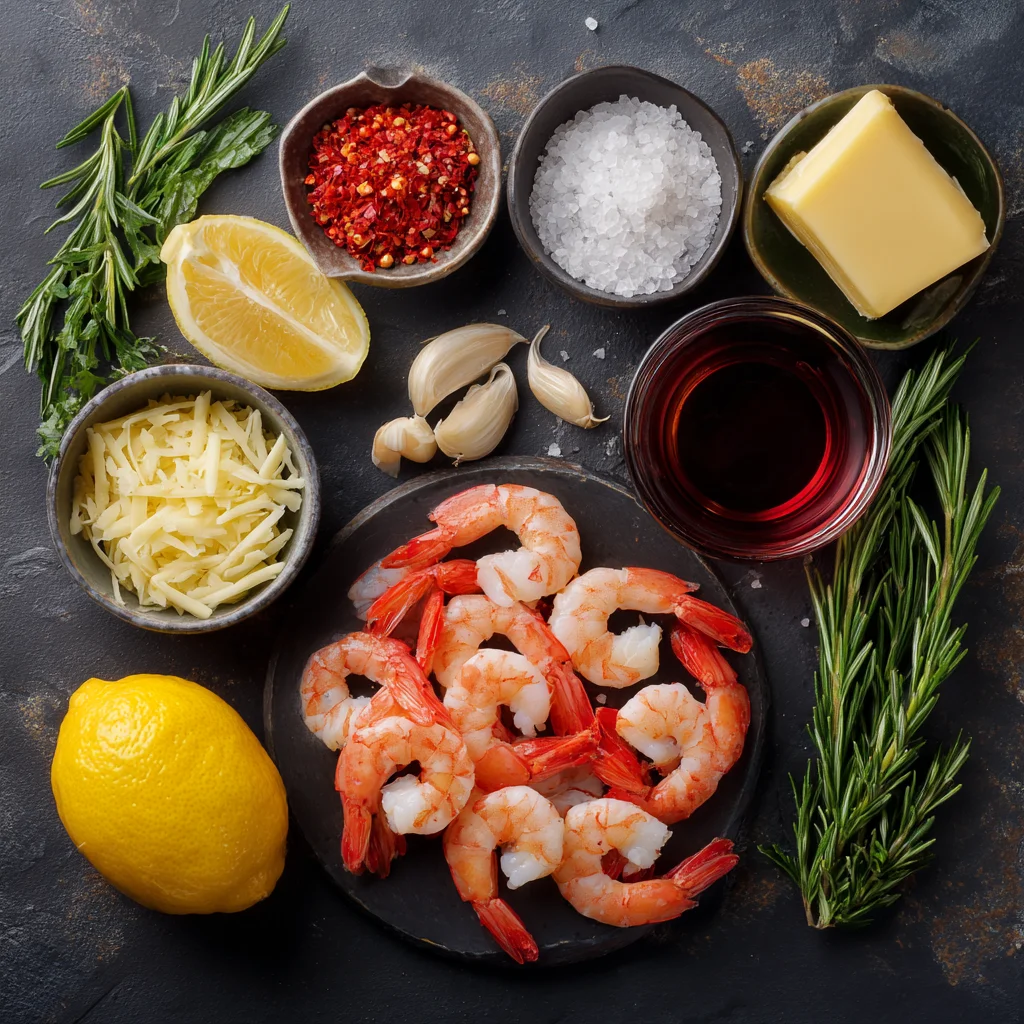 Flat lay of ingredients for Red Lobster shrimp scampi.