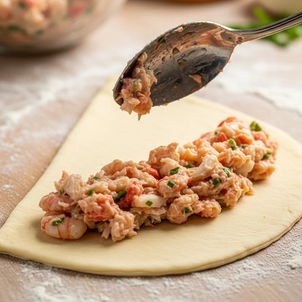 Crescent dough being filled with shrimp and crab mixture.