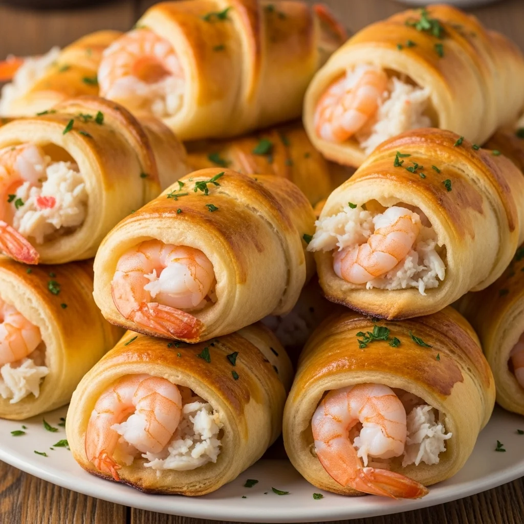 Golden shrimp and crab stuffed crescent bombs on a serving plate.
