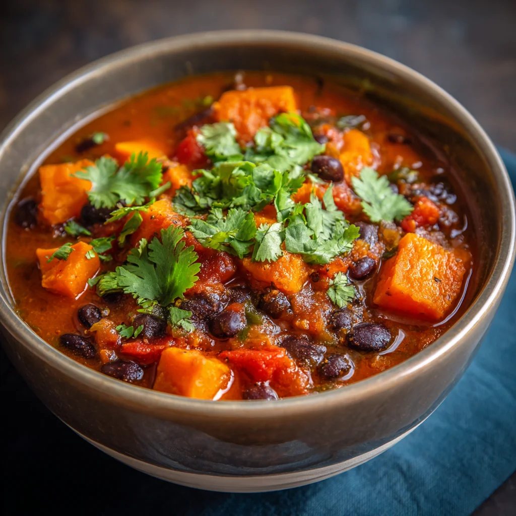 Bowl of sweet potato and black bean stew with cilantro.
