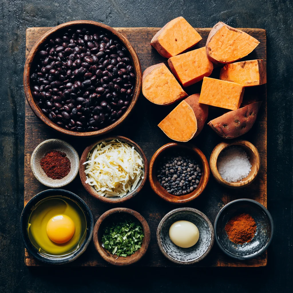 Flat lay of ingredients for sweet potato and black bean stew.