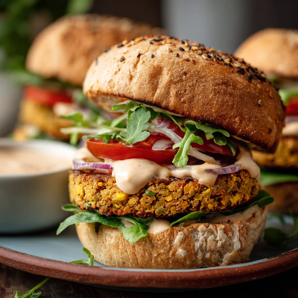 Vegan chickpea burger served with fresh toppings.