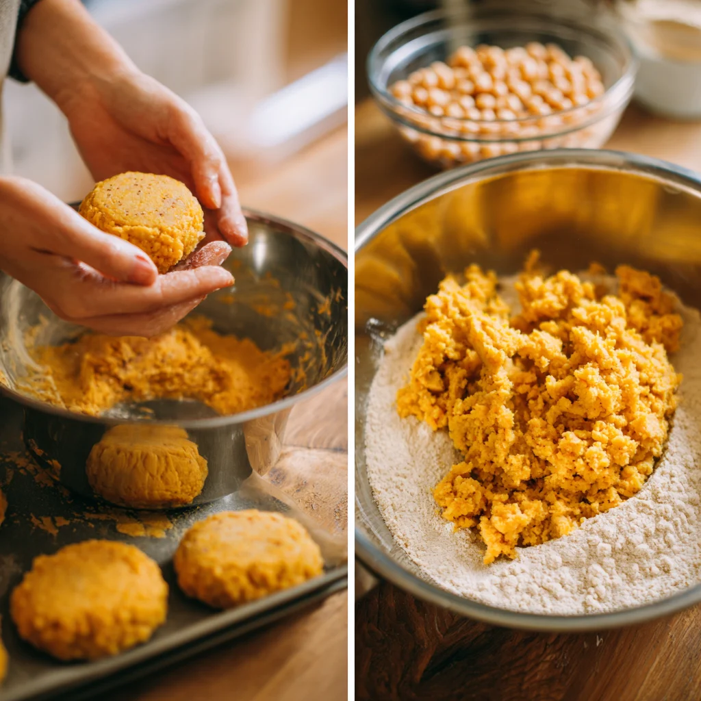 Forming chickpea burger patties from mashed chickpeas.
