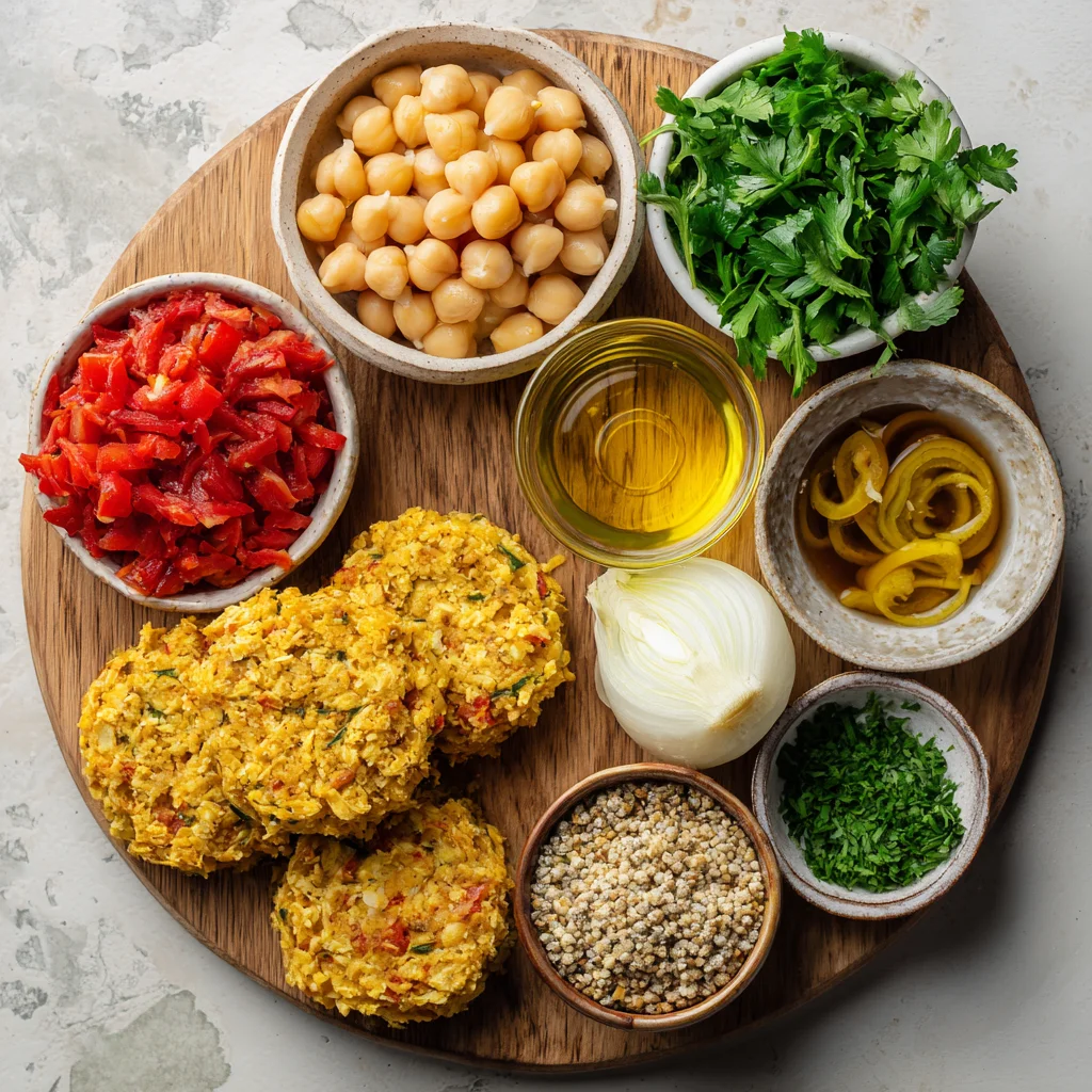 Ingredients for vegan chickpea burgers arranged on a board.