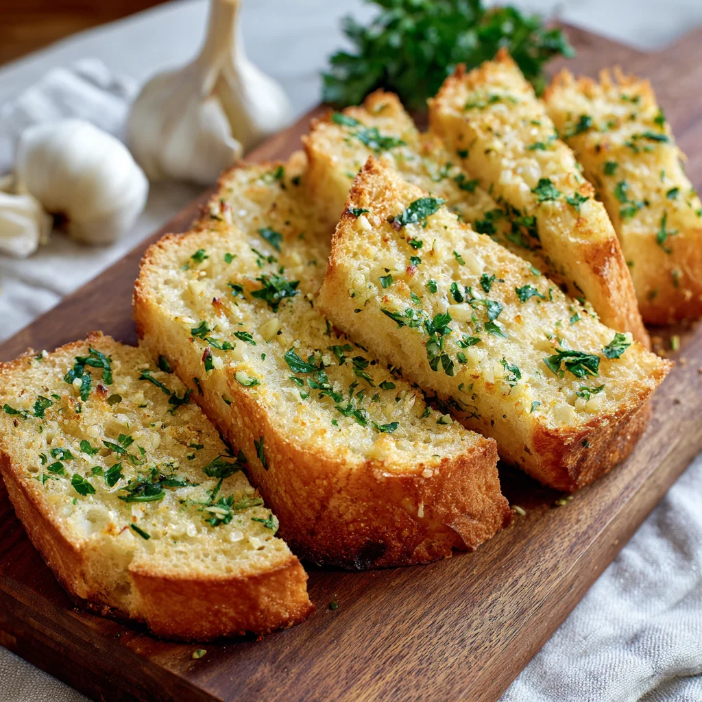 Sliced homemade garlic bread on a serving board.