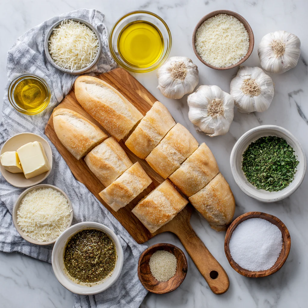 Ingredients for homemade garlic bread arranged in a flat lay.