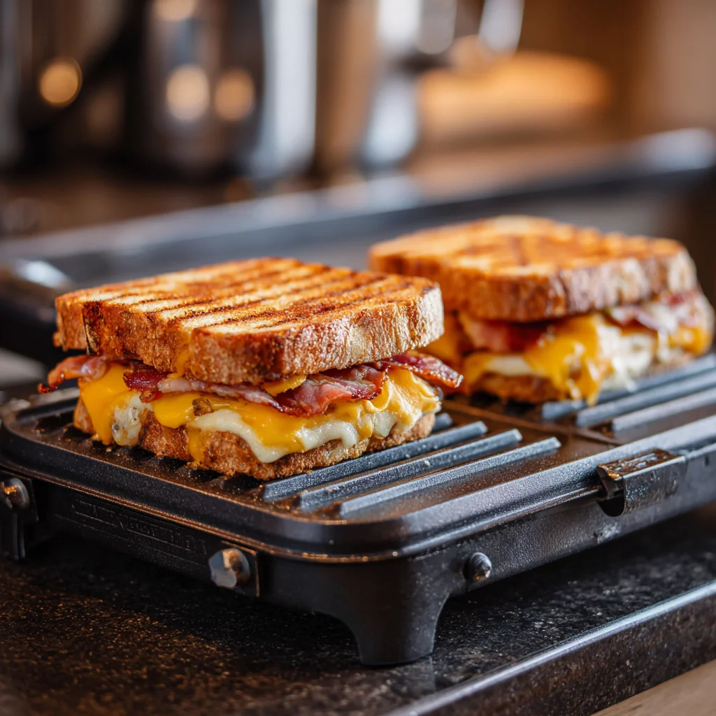 Cooking honey apple cheddar bacon panini on a press.