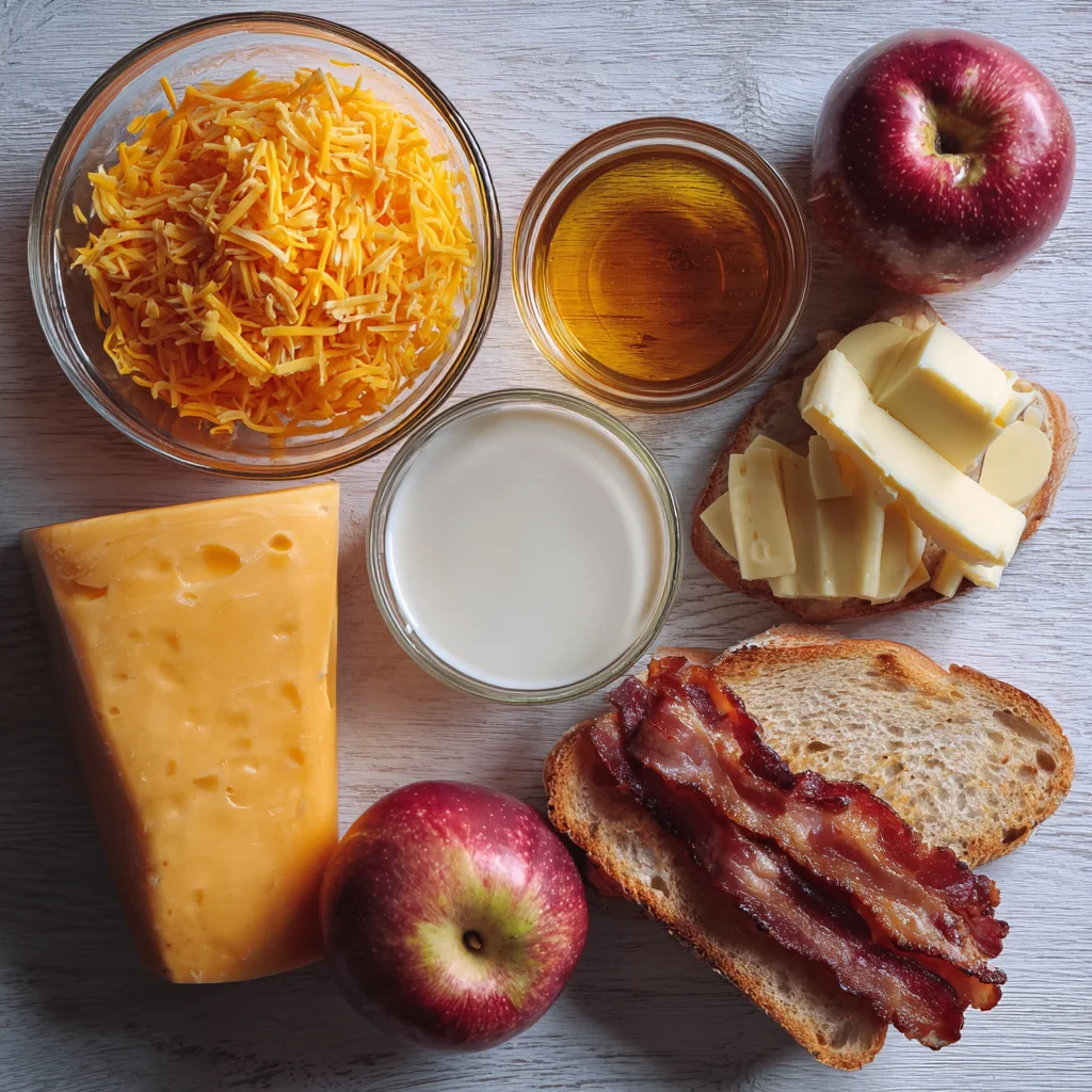 Ingredients for honey apple cheddar and bacon panini.