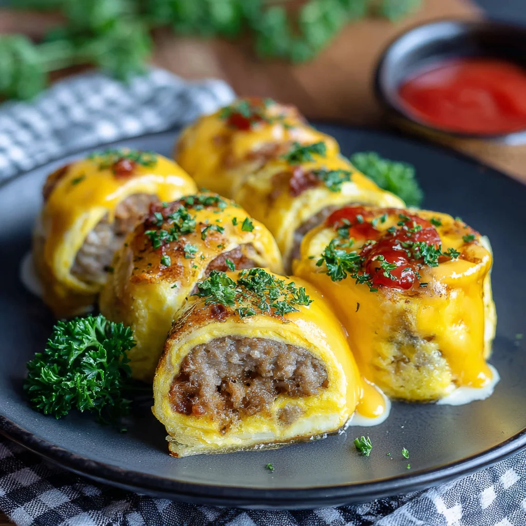 Finished sausage egg cheese roll ups ready to serve.