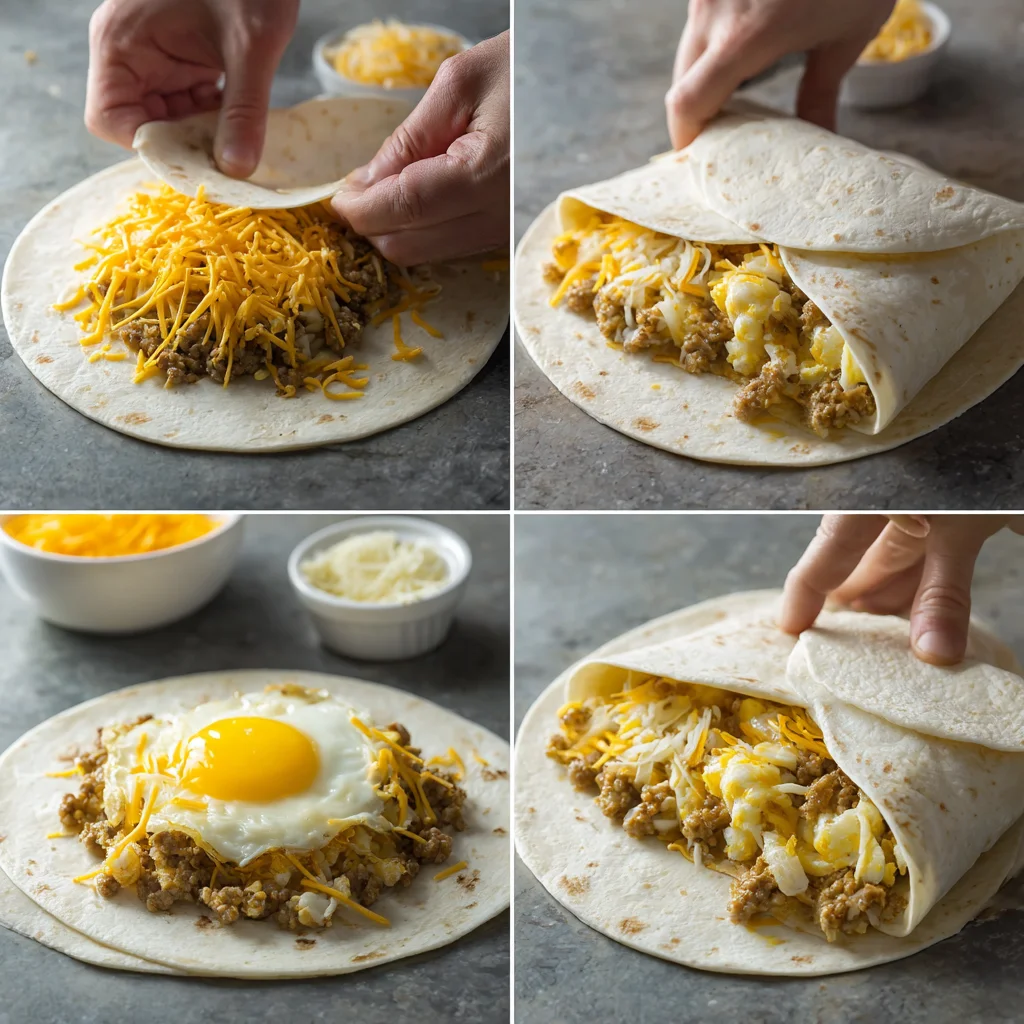 Filling and rolling a sausage egg cheese breakfast tortilla.