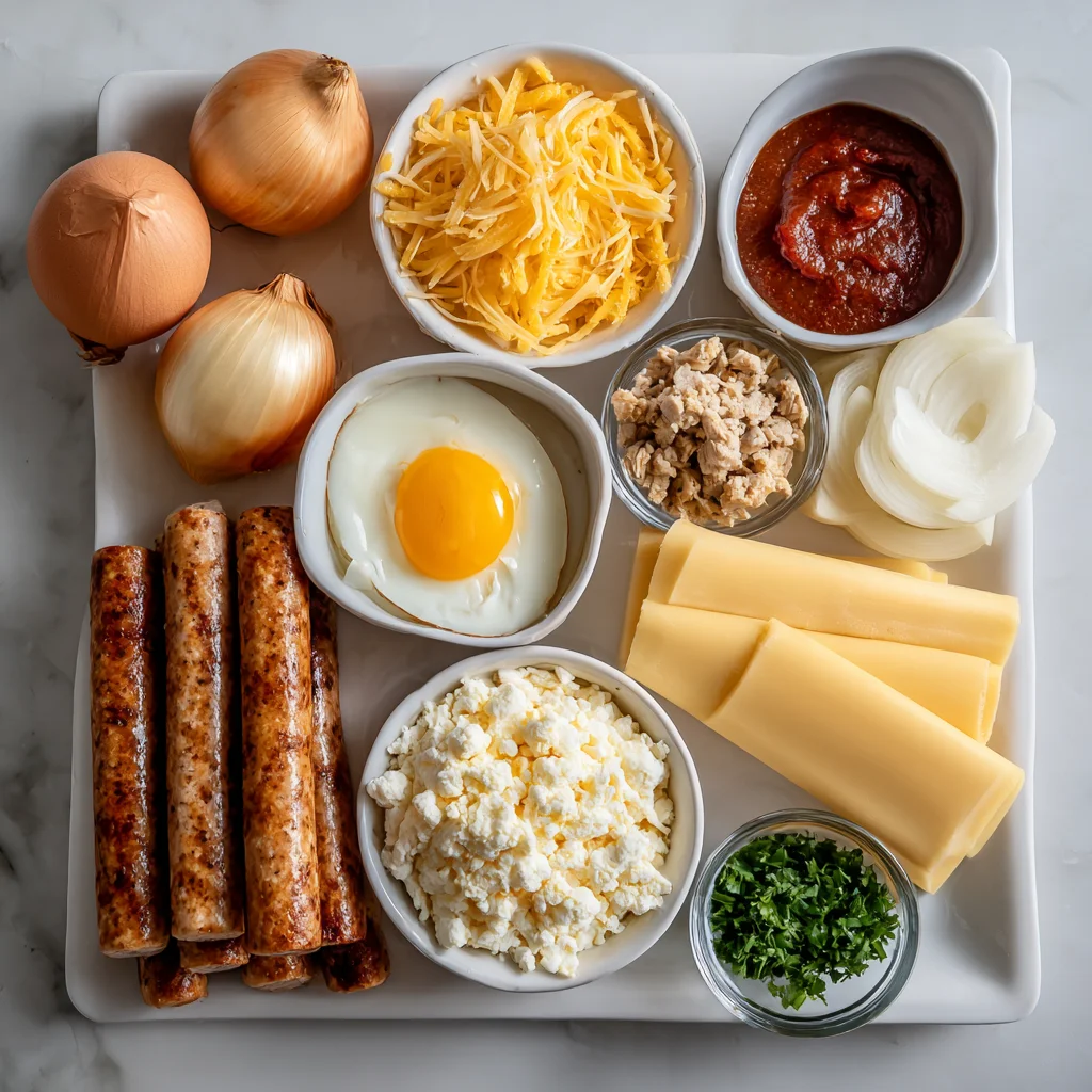 Flat lay of ingredients for sausage egg cheese roll ups.