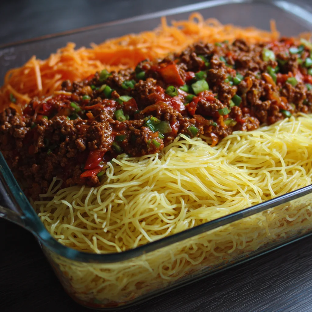 Layering noodles and beef mixture in a baking dish.