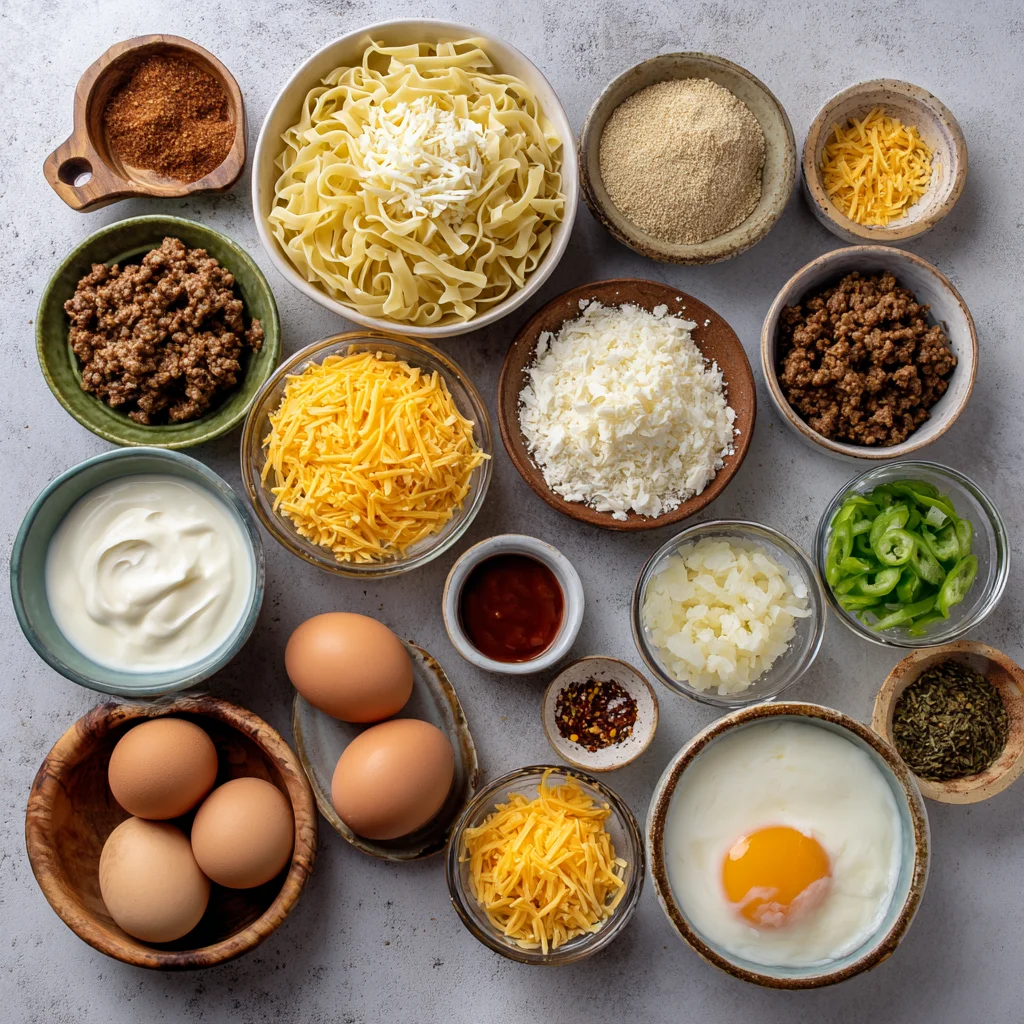 Ingredients for sour cream noodle bake arranged on a table.