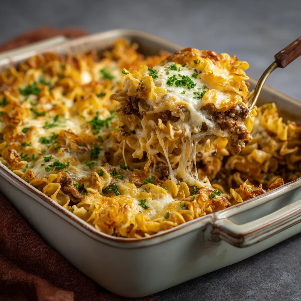 Finished sour cream noodle bake with melted cheese.