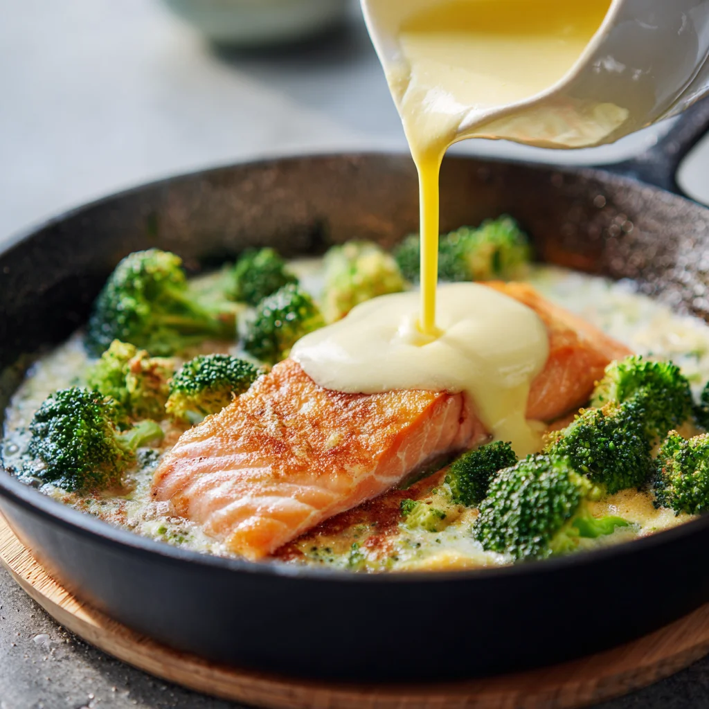 Preparing salmon frittata in a skillet.