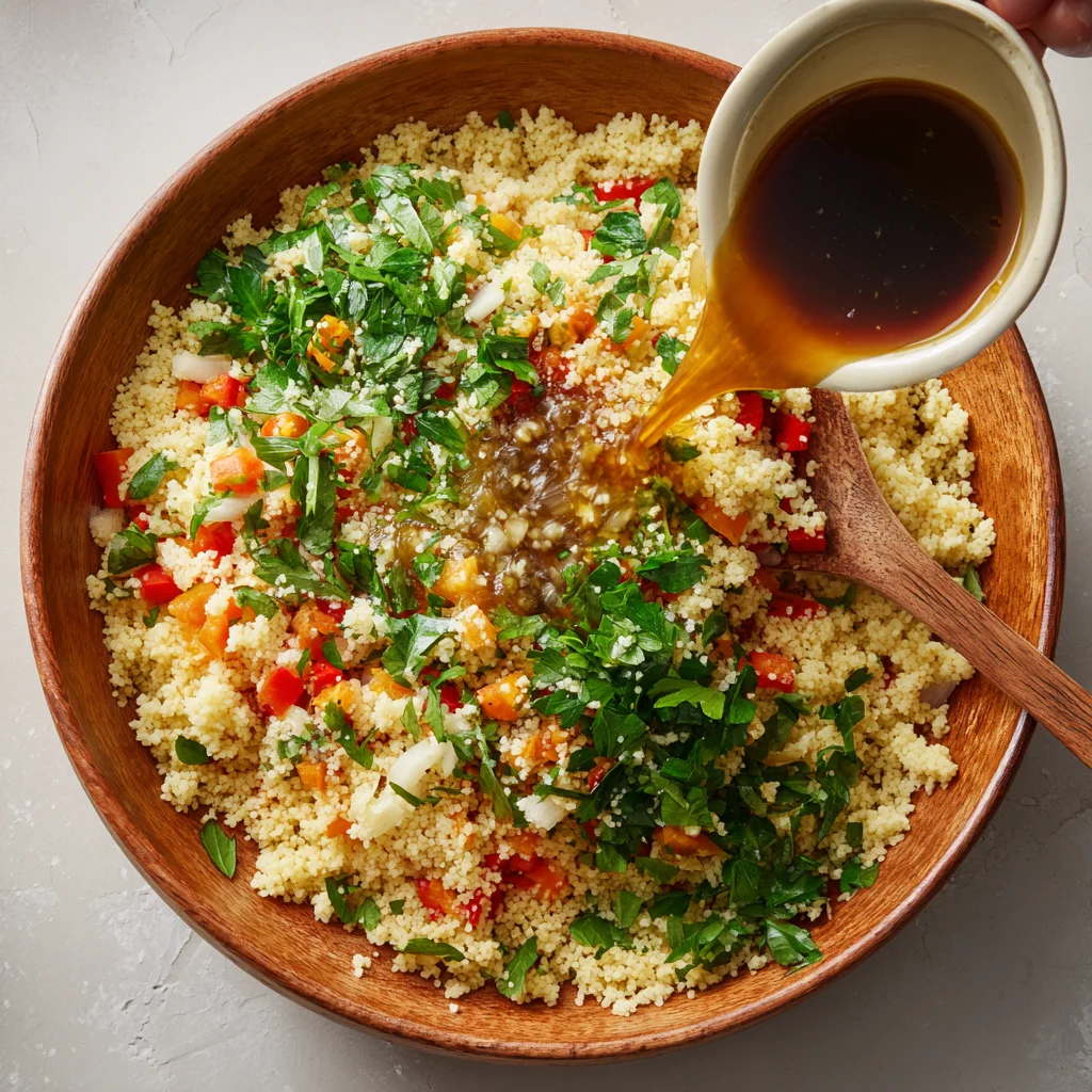 vegetables and herbs to the couscous. Pour the dressing over the top and toss gently until evenly coated.