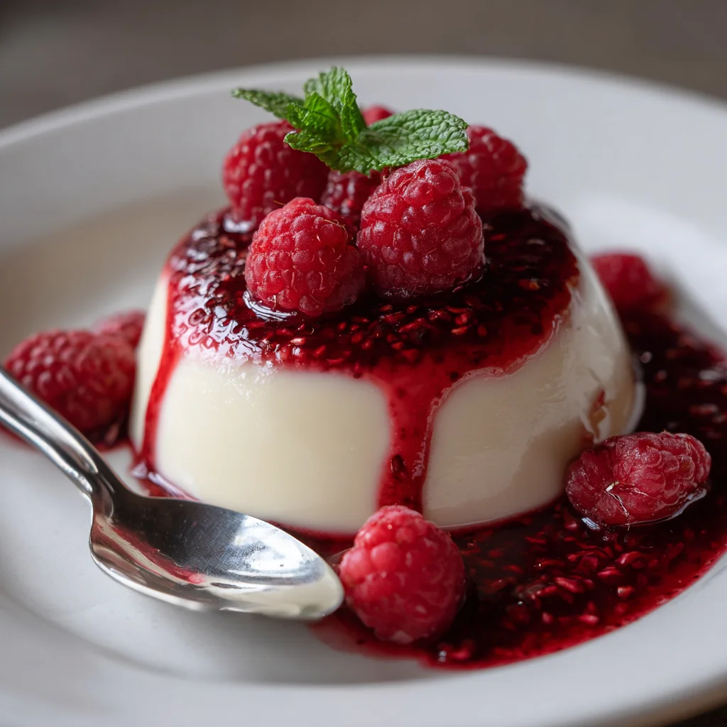 Panna cotta with raspberry sauce ready to serve.