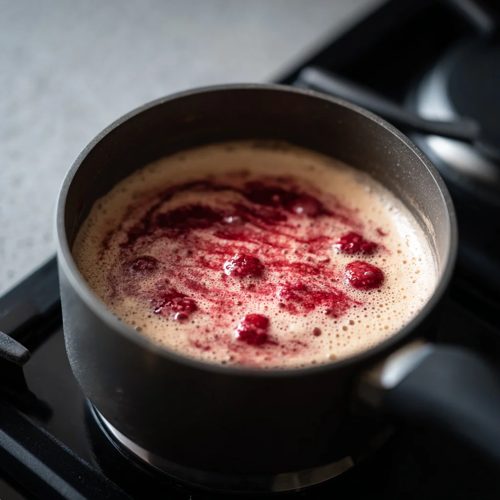Making panna cotta and raspberry sauce.