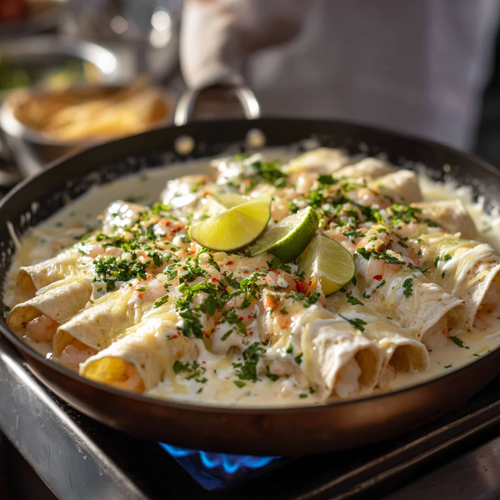 cook Creamy Shrimp Enchiladas on flame