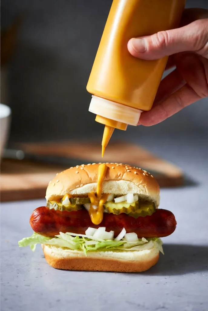 Hot dog bun with sausage inside, topped with cooked beef. Hands assembling the hot dog. Clean and simple kitchen background.