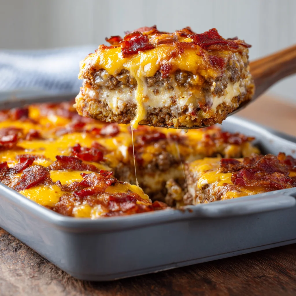 Low carb bacon cheeseburger casserole ready to serve.