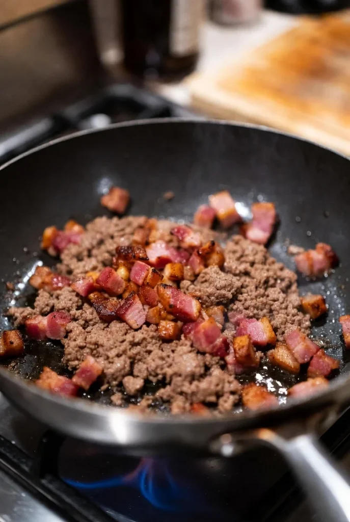 Preparing bacon cheeseburger casserole filling.