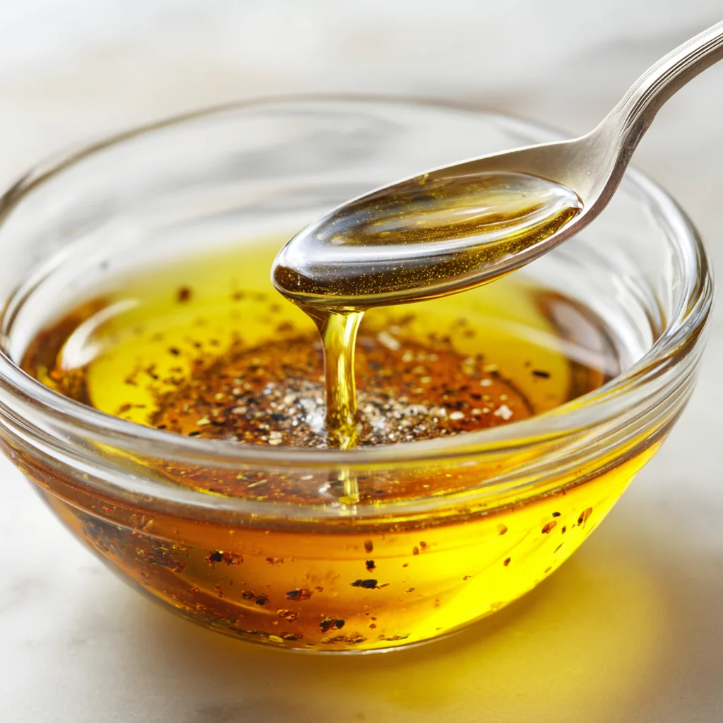 Small glass bowl with vinegar, olive oil, sugar, salt, and black pepper being whisked