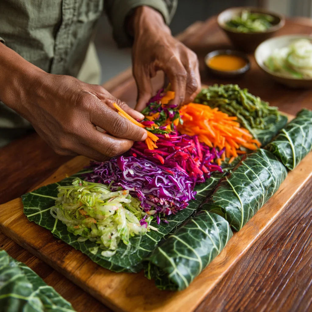 Assembling vegan collard green wraps with colorful vegetables.