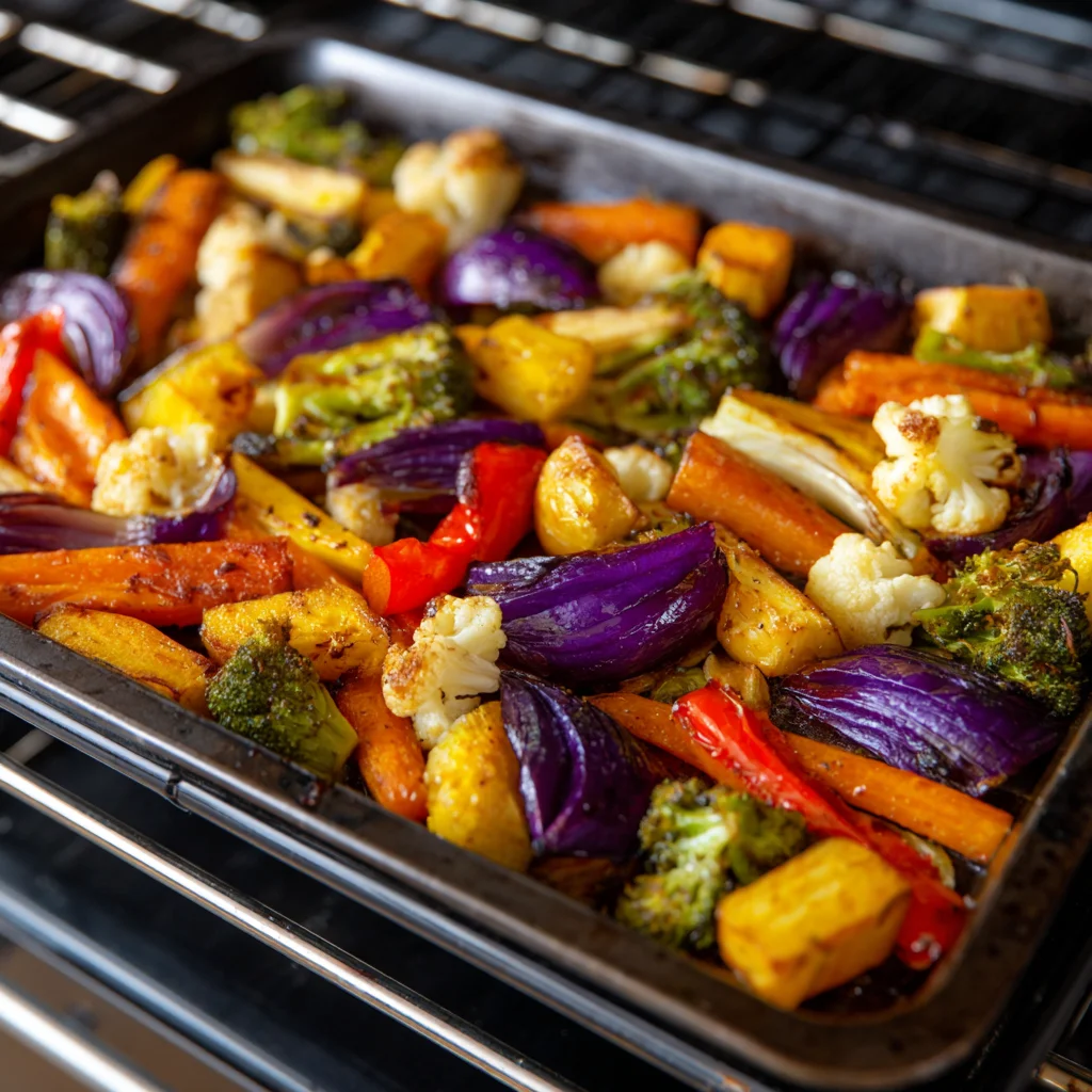 Roasted vegetables in oven for veggie pizza.